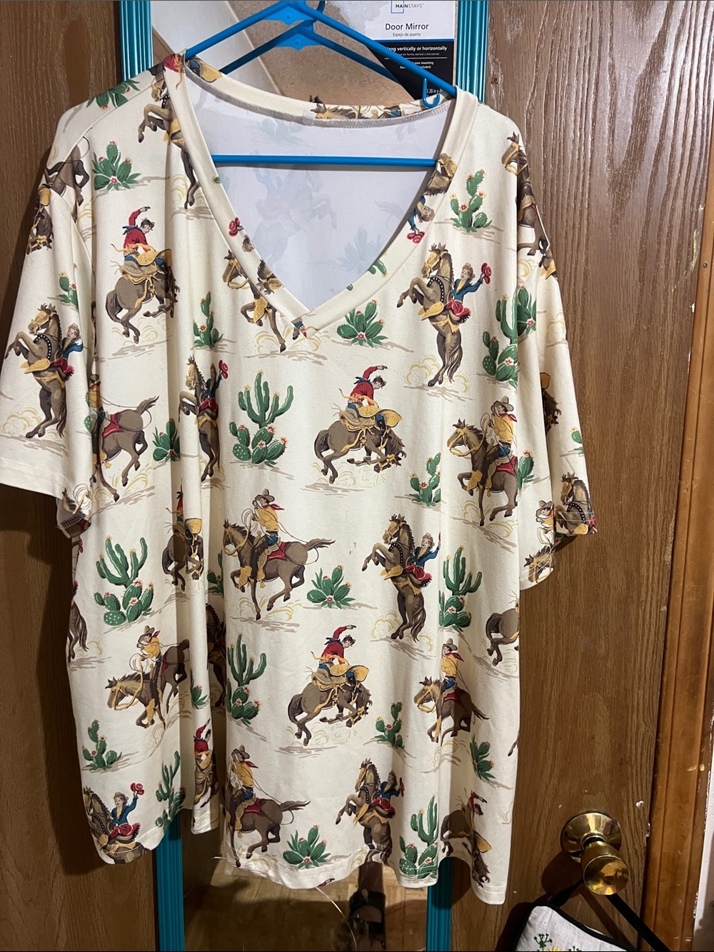 Cowboy Print V-Neck Tunic Top - Cream with Multicolor Western Motif